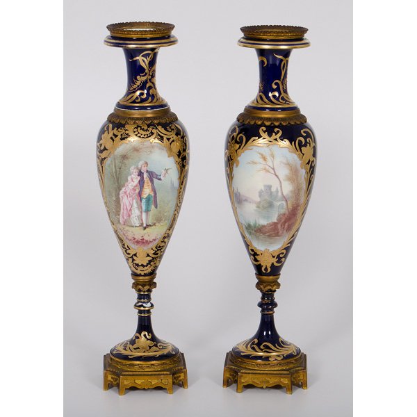 Sevres-Style Porcelain Vases with Ormolu Mounts : Sevres-Style Porcelain Vases with Ormolu Mounts French, late 19th-early 20th century. A pair of Sevres-style porcelain ormolu mounted vases, each of tapered form with hand-painted figural and scenic