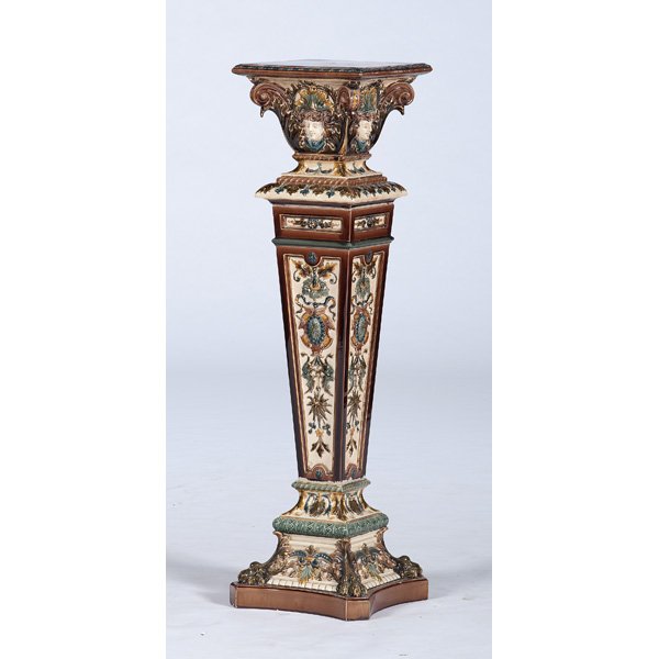 Rorstrand Ceramic Pedestal : Rorstrand Ceramic Pedestal Swedish, 19th century. A polychrome glazed ceramic pedestal featuring a floral and gilt design, with neoclassical figures in relief. Underside marked Rorstrand Sweden; ht.