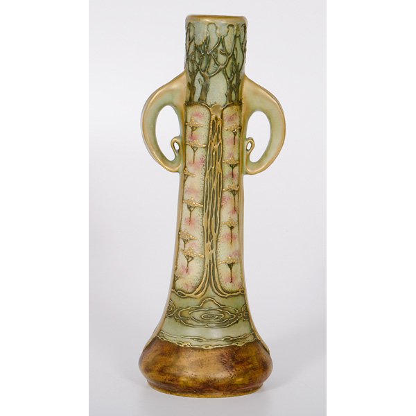 Amphora Two-Handled Vase : Amphora Two-Handled Vase Austrian, early 20th century. An Amphora two-handled vase with a flared base and a cylindrical tapering body, executed in the Art Nouveau style with raised organic-form deco