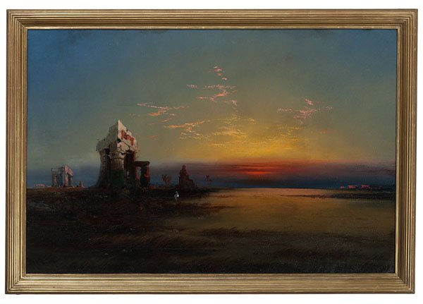 Egyptian Night- Ruins and Sunset by James Hamilton : Egyptian Night- Ruins and Sunset by James Hamilton James Hamilton (American, 1819-1878). Oil on canvas, image of reverse inscription attached with signature and date of 1863; 30 x 44.5 in. (sigh