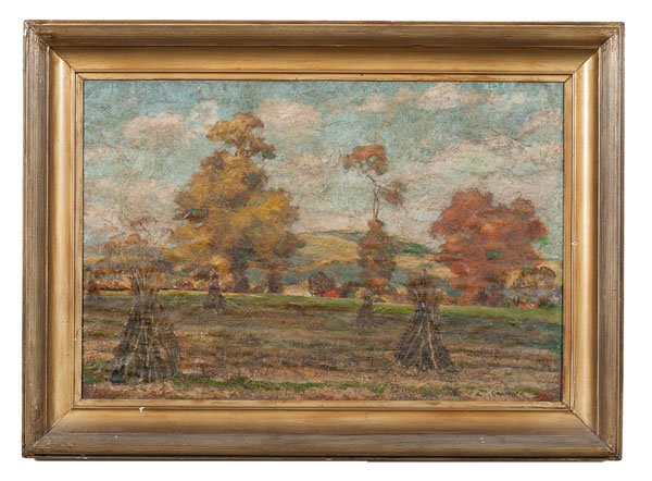 Indiana Haystacks Scene by Jay Connaway : Indiana Haystacks Scene by Jay Connaway Jay Hall Connaway (American, 1893-1970). Oil on canvas. Housed in a gilt frame, depicts a rural scene of haystacks in Indiana. 35.5 x 23.5 in. (sight).