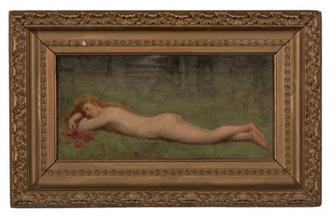 Nude by Richard Gruelle : Nude by Richard Gruelle Richard Buckner Gruelle (American, 1851-1914). Oil on canvas, unsigned; 7.5 x 15.75 (sight). Provenance: The Clarence and Mildred Long Collection of Indiana Artists