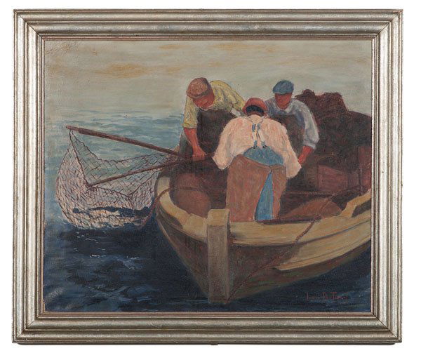 The Fisherman, Toledo Exhibited Work by Leo DeTray : The Fisherman, Toledo Exhibited Work by Leo DeTray Leo DeTray (American, 20th century). Oil on canvas, depicting fisherman in WPA era style, signed l.r.; 24.5 x 29 in. (sight). A pair of labels a