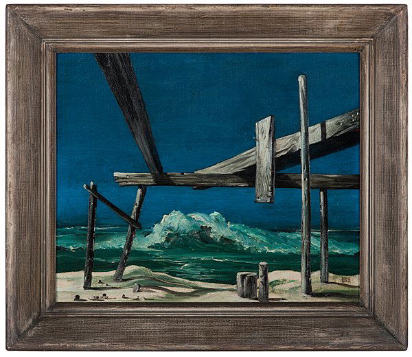 Surrealist Dock Scene by William Ward Beecher : Surrealist Dock Scene by William Ward Beecher William Ward Beecher (American, 1928-2006). Oil on board, signed and dated 50 l.r.; 14.5 x 17.25 in. (sight).