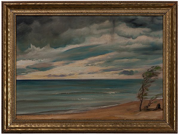 Seashore by Claude Buck : Seashore by Claude Buck Claude Buck (American, 1890-1974). Oil on canvas, depicting a seashore with a tree in lower right corner, signed l.l..; 17.5 x 25 in. (sight).