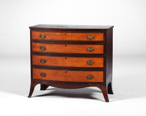 Federal Bowfront Chest of Drawers : Federal Bowfront Chest of Drawers American (possibly Portsmouth, New Hampshire), 19th century. A Federal bowfront chest of drawers in mahogany and maple veneers, with pine carcass, having four grad