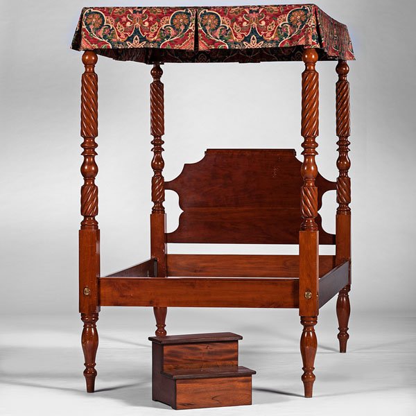 Kentucky Cherry Tall Post Bed, Plus : Kentucky Cherry Tall Post Bed, Plus American (Kentucky), ca 1850s. A cherry block and turned post bed with rope pegs and original canopy. Lot includes bed steps, bed linens and canopy cover; ht. 90,