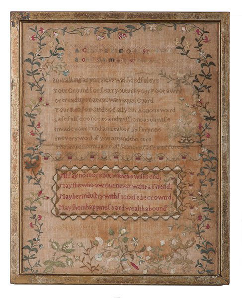 Sampler, Winefred Overton 1793 : Sampler, Winefred Overton 1793 English, ca 1793. A silk thread on cotton gauze sampler, with a floral and vine border, having upper and lower case alphabet lines and two religious verses In walking