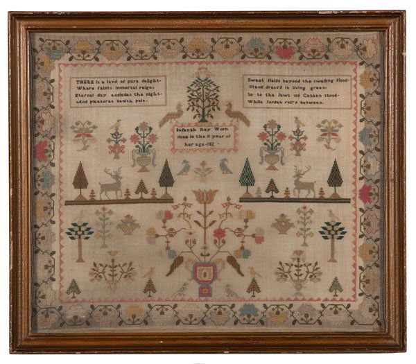 1820s Sampler with Scripture : 1820s Sampler with Scripture American, 19th century. A multi-colored sampler having floral, animal, and tree motifs, a scrolling floral outer border, an inner geometric border, and two verses of scr