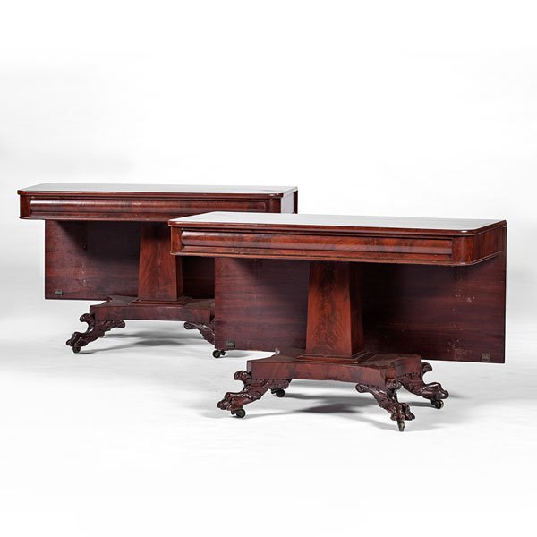 American Classical Double Pedestal Banquet Tables : American Classical Double Pedestal Banquet Tables American (Pennsylvania), 19th century. A mahogany banquet table comprised of two drop leaf banquet ends, the drop leaves on each connected at th