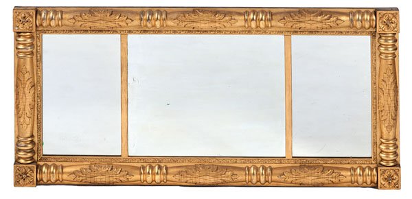 Gilt Classical Overmantle Mirror : Gilt Classical Overmantle Mirror American, 19th century. A Late Classical giltwood overmantle mirror, with applied turned half columns surrounding the three mirror plates; ht. 28.5, lg. 60 in.