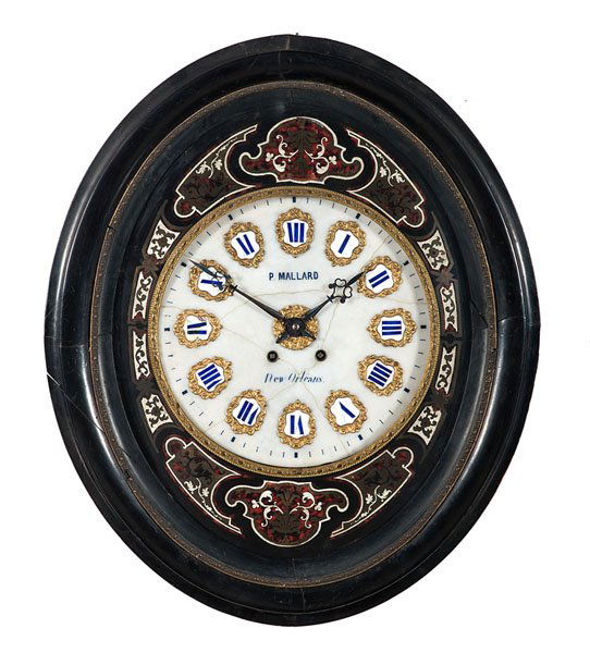 French Wall Clock, signed P. Mallard, New Orleans : French Wall Clock, signed P. Mallard, New Orleans Continental, ca 1900. A French wall clock with signed dial, P. Mallard / New Orleans, (probably the retailer) with an eight-day time and strike move