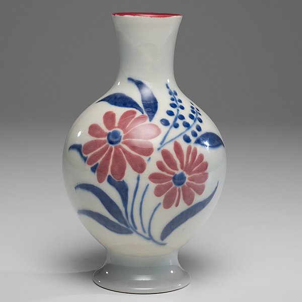 Rookwood Vase by Elizabeth Barrett : Rookwood Vase by Elizabeth Barrett American (Cincinnati), 1946. A Rookwood crystal glaze vase with cream colored ground and a violet and pink floral design and a mauve interior, decorated by Elizabe