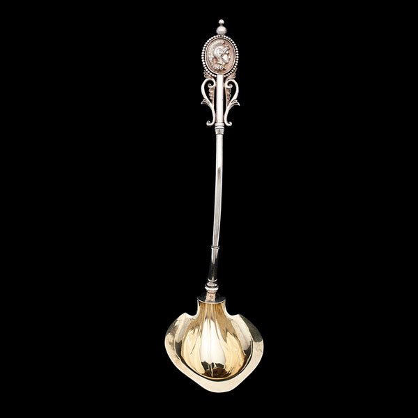 Duhme Silver Medallion Ladle : Duhme Silver Medallion Ladle American, 19th century. A coin silver ladle possibly by Duhme & Co. (Cincinnati, Ohio), the handle with applied oval portrait medallion of a Greek helmeted warrior, over