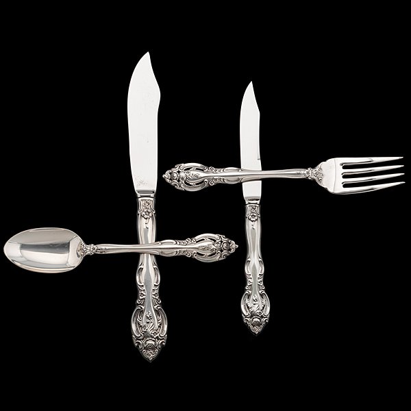 Gorham La Scala Flatware : Gorham La Scala Flatware American, ca 1964. Flatware in the La Scala pattern consisting of eight salad forks, eight teaspoons, eight fish knives, and eight fruit knives, the knives all having stainl