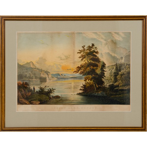 Currier and Ives, Indian Lake-Sunset : Currier and Ives, Indian Lake-Sunset Currier & Ives (American), ca 1860. A color lithograph after a painting by B. Hess, depicting a lake shoreline with a lone hunter in the lower left admiring the 