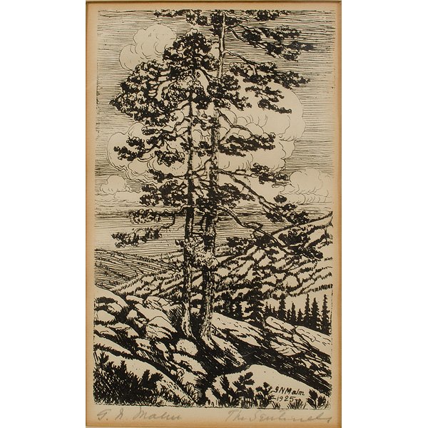 The Sentinels by G. N. Malm : The Sentinels by G. N. Malm 1925 etching by Gustav Nathaniel Malm. Depicts a tree and hills in the background. 5 x 3 in. Signed l.l. (handwritten) and l.r. (printed). Titled l.r.