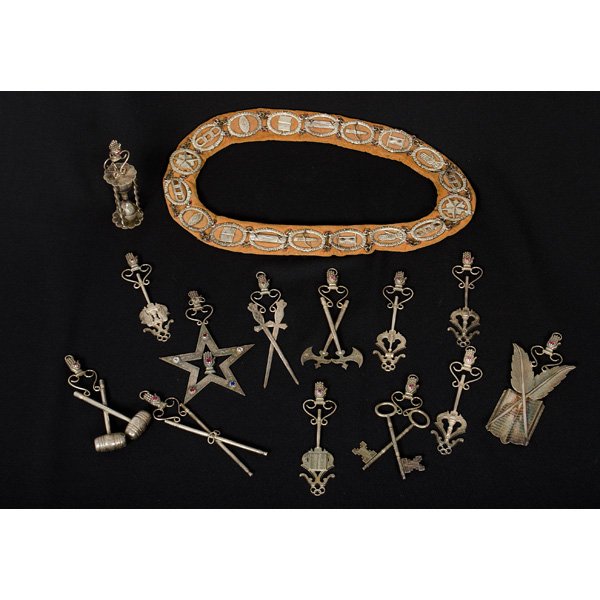 Odd Fellows Fraternal Items, Plus : Odd Fellows Fraternal Items, Plus American. A large assembled group of Independent Order of Odd Fellows items, including two robes, a table scarf, a sword with Odd Fellows symbols, a presentation c