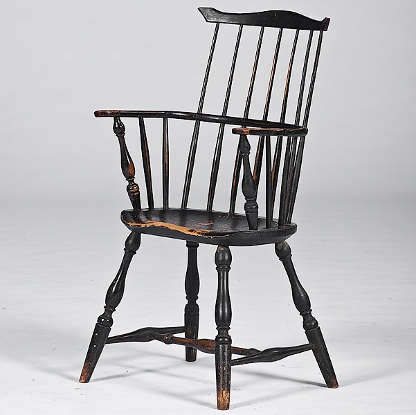 Windsor Comb-Back Armchair : Windsor Comb-Back Armchair American, 19th century. A comb-back Windsor armchair in bluish-green paint, the back with a shaped crest and seven spindles, having a saddled seat with turned arm supports