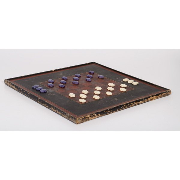 Painted Game Board : Painted Game Board American, early 20th century. A pine painted game board, for playing checkers or chess on front and Parcheesi on back. Both game surfaces bordered in black paint with a red band,