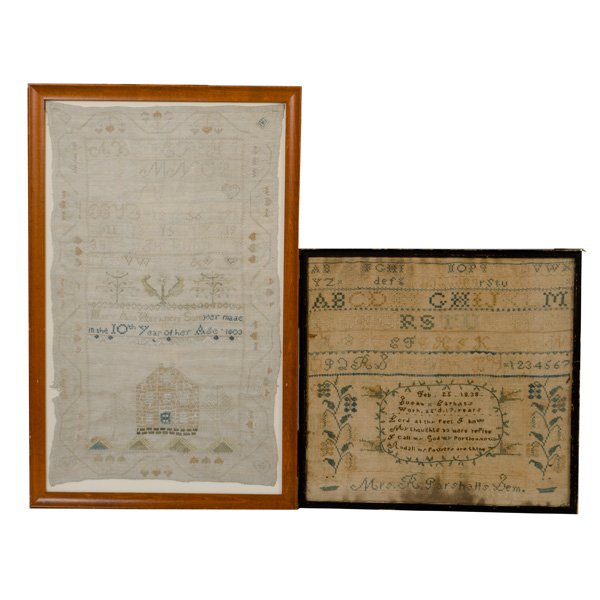 19th Century Samplers : 19th Century Samplers American, 19th century. Two framed samplers, one dated 1803 with a berry border, hearts, alphabet, birds, trees, and a large house signed Mary Ann Harkness Sampler made / in