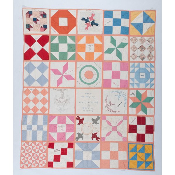Presentation Sampler Quilt by Sunshine Circle : Presentation Sampler Quilt by Sunshine Circle American, 1928. A presentation quilt having thirty signed blocks, most are geometric quilt patterns but some are only needlework, the central block in