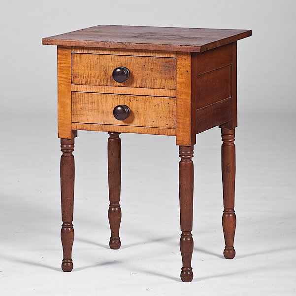Provincial Maple Work Table : Provincial Maple Work Table American, 19th century. A Provincial Sheraton work table in maple, the square top above a base of two drawers on turned legs; ht. 30, wd. 21, dp. 20 in.