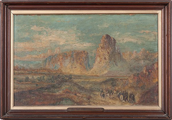 The Trail of the Sunset by A. E. Price : The Trail of the Sunset by A. E. Price A. E. Price (American; 20th century). Oil on board titled The Trail of the Sunset. The painting depicts a Western landscape with figures walking along a trail