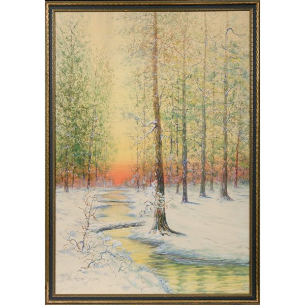 Forrest Scene by Raphael Sensaman : Forrest Scene by Raphael Sensaman Raphael Sensaman (American, 1870-1965). Watercolor and gouache on paper, signed l.l.; 39.25 x 27.25 in. (sight).