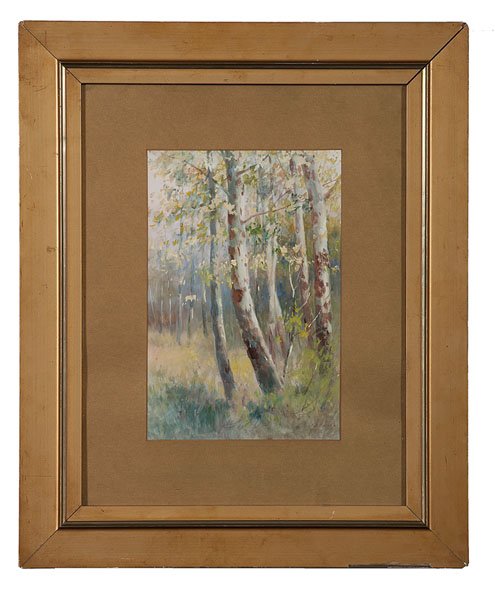 Landscape by John Elwood Bundy : Landscape by John Elwood Bundy John Elwood Bundy (Indiana, 1853-1933). A watercolor featuring one of Bundy's most frequent subjects, American beech trees, signed l.r.; 12.5 x 8.5 in. (sight). Bun