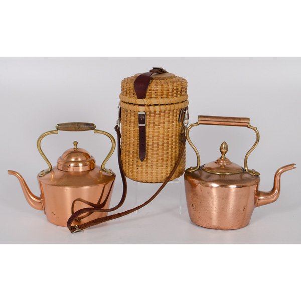 Copper Tea Kettles and Shaker-style Basket : Copper Tea Kettles and Shaker-style Basket American or English. Two copper tea kettles, one with an acorn finial and gooseneck spout, the other with a ball finial and domed lid, both unmarked; talle