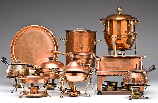 Group of Copper Kitchen Articles : Group of Copper Kitchen Articles American, 20th century. A group of eleven copper kitchen items, including eight various warming trays and dishes, some with ebonized wooden handles, a large pot, a l