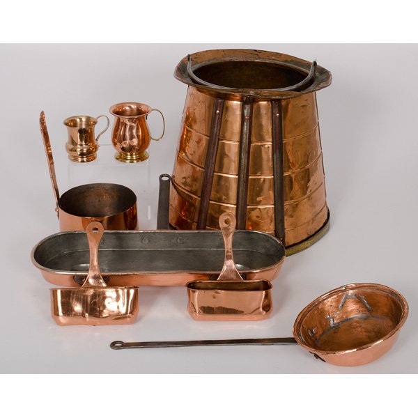 Copper Kitchen Accessories : Copper Kitchen Accessories An assorted group of eight copper kitchen accessories, including a large bucket with rim and swing handle, a pan, two mugs, two wall-mounted soap dishes, a dipper, and a c