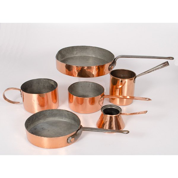 Group of Copper Pots : Group of Copper Pots A group of six copper pots; largest pan dia. 14 in. Provenance: Property from the Estate of a Cincinnati, OH Collector