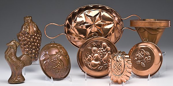 Copper Molds : Copper Molds A group of eight various copper molds in the forms of fruit, a rooster, and the Star of Bethlehem. Also included is a copper mold in the form of Mt. Fuji; largest lg. 12 in. Provenanc