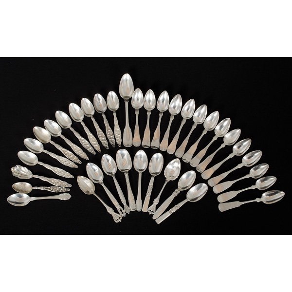 Coin Silver and Sterling Spoons : Coin Silver and Sterling Spoons American and Danish. An assembled group of thirty-six coin silver and sterling silver spoons, including a coin silver teaspoon marked A.A. Mead, two coin silver tea