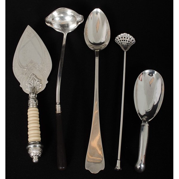 Silverplated Serving Wares : Silverplated Serving Wares An assembled group of five silverplated serving utensils, including a large serving spoon, marked Reed & Barton, a pistol-handle scoop, unmarked, a punch ladle with wooden