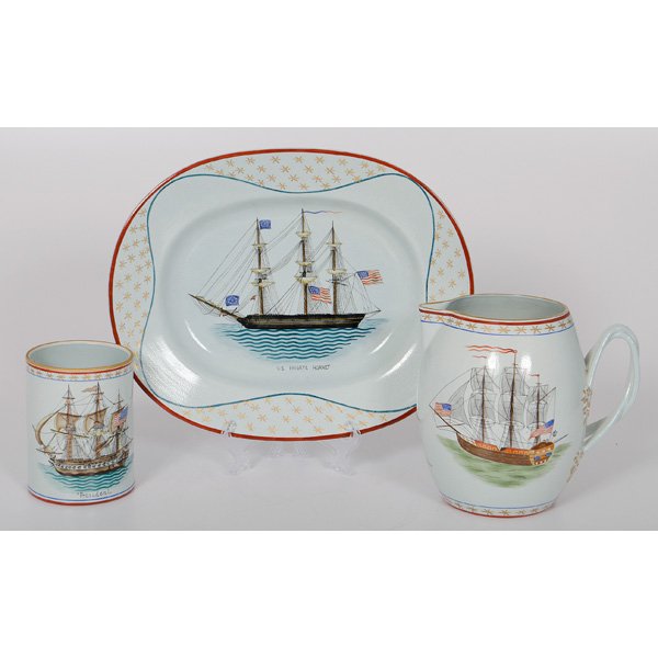 Mottahedeh Bicentennial Jugs and Platter : Mottahedeh Bicentennial Jugs and Platter American, 20th century. Two Mottahedeh Bicentennial jugs and a matching platter, all with nautical-themed images and patriotic accents, the ship on the smal