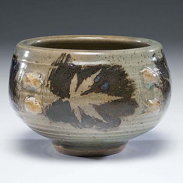 Celadon with Black Slip and Leaf Design by Otto Heino : Celadon with Black Slip and Leaf Design by Otto Heino Otto Heino (American, 1915-2009), 1999. An Otto Heino signature form titled Celadon with Black Slip and Leaf Design, artist's signature on ba