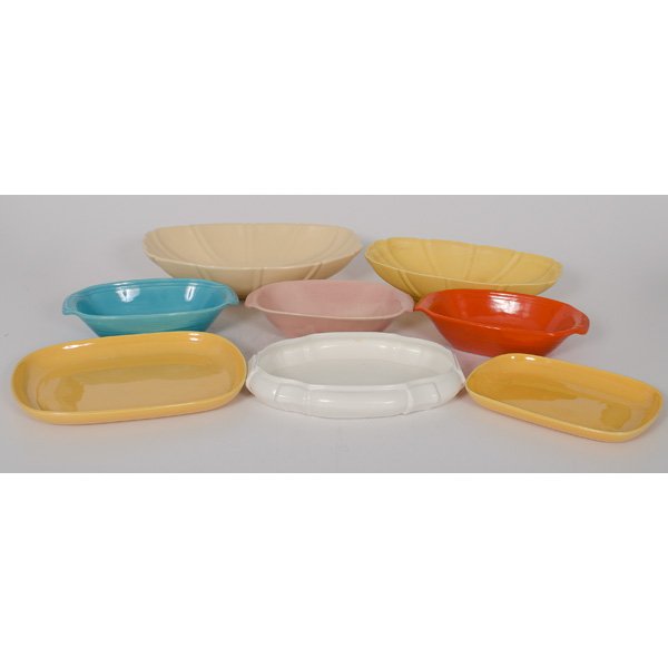 Bauer Pottery Serving Trays : Bauer Pottery Serving Trays A lot of eight Bauer Pottery serving trays, including three 10.5 in. trays in aqua, Bauer orange, and pink, plus one 12 in. tray in white, a 10 in. tray in yellow, and tw