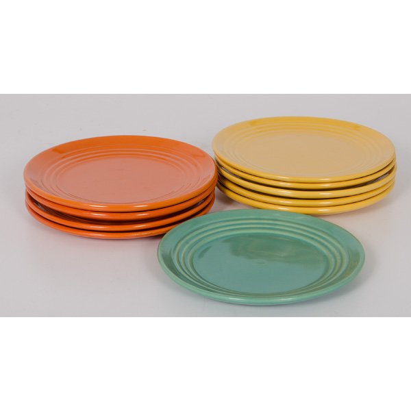 Bauer Pottery Dinner Plates : Bauer PotteryDinner Plates Lot of ten 9.5 in. dia. plates includes five in yellow, four in Bauer orange, and one in aqua.