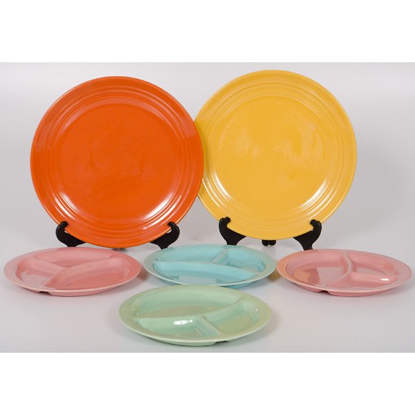 Lot of Bauer Pottery Grill Plates and Large Platters : Lot of Bauer Pottery Grill Plates and Large Platters American, 20th century. A group of four grill plates in pink (2), light green and turquoise, dia. 11 in., PLUS two large platters in burnt orange