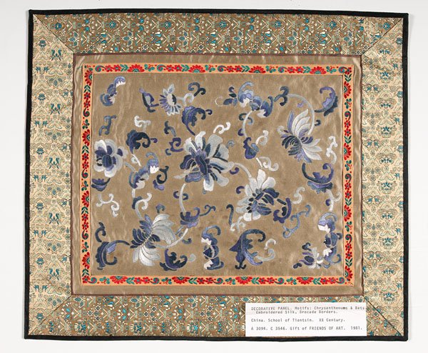 Embroidered Silk Panel : Embroidered Silk Panel Chinese, 20th century. An embroidered silk panel with purple floral motifs (chrysanthemums) and bats. Exemplary of the School of Tientsin. 14 x 16 in. Provenance: Property o