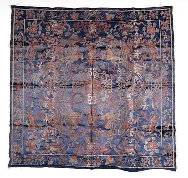 Chinese Blue Ground Embroidered Dragon Altar Cover : Chinese Blue Ground Embroidered Dragon Altar Cover Chinese, late 19th-early 20th century. A blue silk ground altar cover with highly detailed dragon embroidery. 38 x 37.5 in.