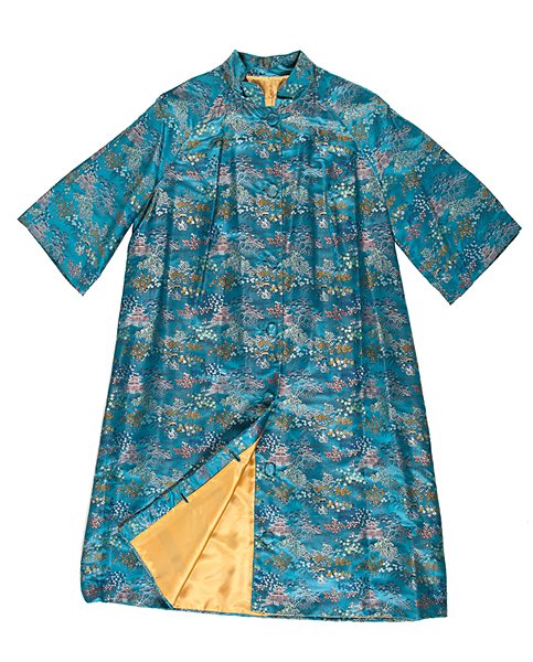 Japanese Silk Dress : Japanese Silk Dress Japanese. A silk dress with a blue floral design, having seven buttons down the front with a silk lining. 40.5 x 43 in.