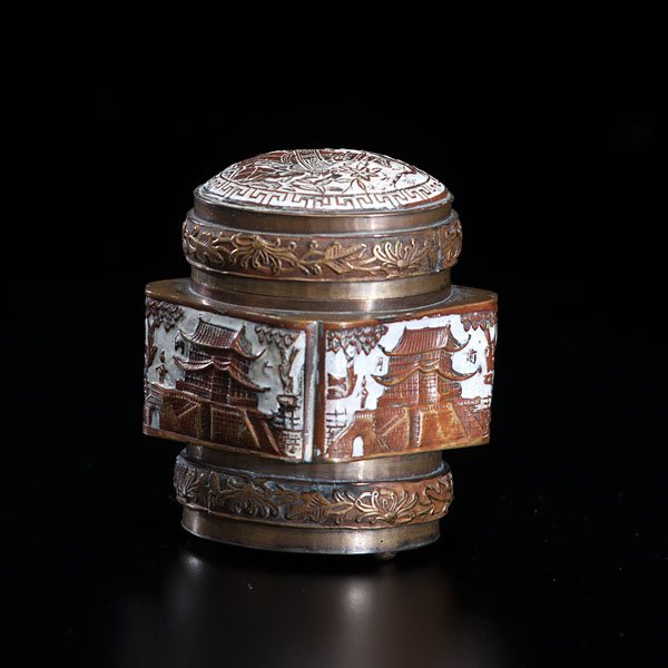 Brass and Copper Box with Enamel Inlay : Brass and Copper Box with Enamel Inlay Japanese, 19th century. A brass and copper square box with a cylindrical opening and lid, and enamel inlay. The four sides of the square show Japanese pagodas.