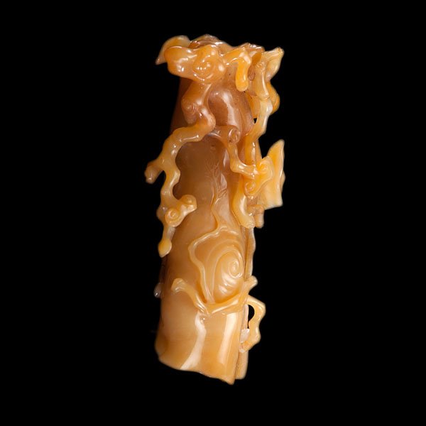 An Agate Root-Form Brush Pot, Qing Dynasty : A Yellow Jade Root-Form Brush Pot, Qing Dynasty Chinese, 19th century or earlier. A yellow jade scholar's brush pot, the interior slender and well used, the exterior finely carved and of a relativel