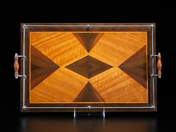 Inlaid Satinwood and Walnut Tray : Inlaid Satinwood and Walnut Tray Unknown origin, 20th century. Wood tray made of inlaid satinwood and walnut, with a metal gallery. 22.5 x 15 in. Provenance: Property of the Zanesville Museum of