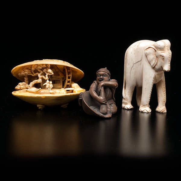 Collection of Miscellaneous Carvings : Collection of Miscellaneous Carvings Chinese, Nepalese, 17th-20th century. Three carvings, one Nepalese carved ivory elephant, one Chinese shell with miniature carved landscape, and one Japanese car