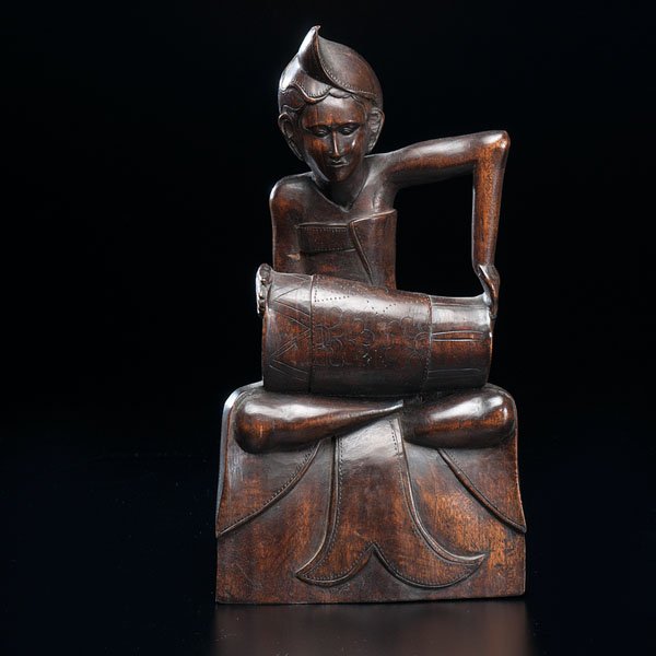 Tambour Drum Player : Tambour Drum Player Indonesia, late 18th century. Carved polished wood sculpture of a tambour drum player. 5.75 x 11 in. Provenance: Property of the Zanesville Museum of Art, Zanesville, OH. Sold 